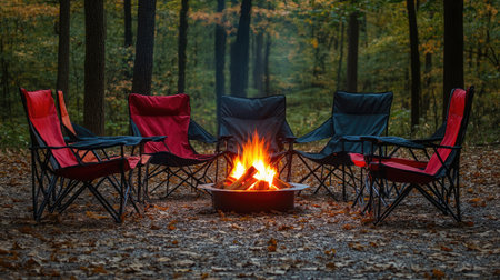 A beautiful campfire setup featuring folding chairs in vibrant colors amidst a serene autumn forest landscape, perfect for friends and family gatherings in nature.の素材