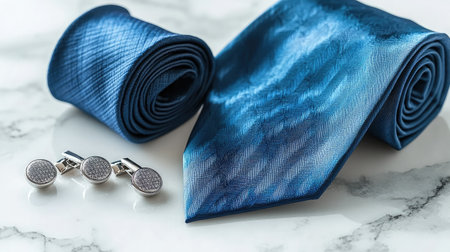 This elegant blue silk tie paired with matching cufflinks creates a sophisticated look for any formal occasion, from weddings to business events, adding a touch of luxury to men's fashion.の素材
