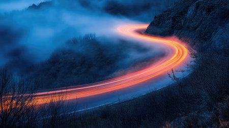 A captivating image featuring a winding road illuminated by car light trails amidst misty mountains, creating a serene and atmospheric scene perfect for nature lovers and adventure seekers.の素材