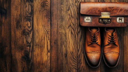 A stylish pair of brown leather shoes rests next to a classic briefcase on a wooden surface, encapsulating elegance and professionalism for fashion enthusiasts and business travelers.の素材