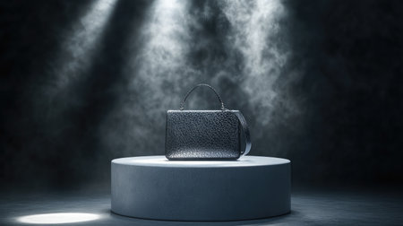 A sophisticated black handbag is featured prominently on a round pedestal, illuminated by dramatic lighting and surrounded by a misty atmosphere, ideal for fashion displays.の素材