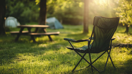 A tranquil camping scene featuring a green chair set amidst lush grass and trees, bathed in soft sunlight, inviting relaxation and connection with nature.の素材