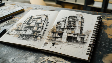 A close-up view of a notebook featuring a detailed pencil sketch of a modern building design, showcasing the artistic and creative process behind architectural planning and concepts.の素材