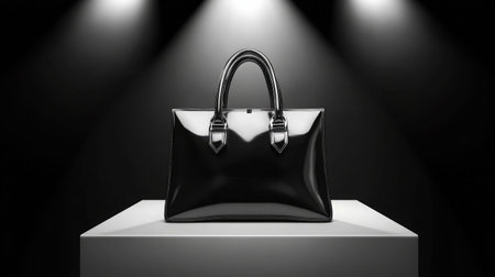 This striking image features a black handbag under dramatic lighting on a minimalist pedestal, perfect for showcasing luxury products in fashion photography.の素材