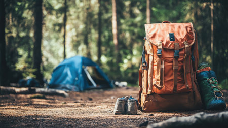 An inviting camping scene showcasing an orange backpack and outdoor gear in a serene forest setting, perfect for adventure seekers and nature lovers exploring the wilderness.の素材
