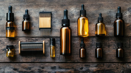 A visually appealing arrangement of amber bottles, droppers, and combs on a dark wooden surface, perfect for representing natural beauty, wellness, and hair care themes in lifestyle photography.の素材