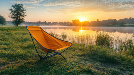 A serene sunrise scene featuring a cozy orange chair by a calm lake, surrounded by misty trees and reflecting vibrant colors in the water, perfect for relaxation.の素材