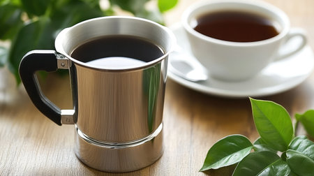 A sleek coffee pot alongside a white cup on a wooden table, enhanced by fresh greenery, perfect for depicting a cozy morning coffee moment filled with warmth and aroma.の素材