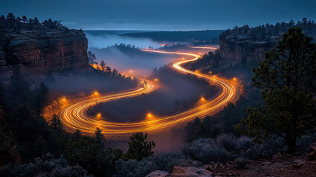 A captivating night scene showcasing a winding road illuminated by light trails, surrounded by misty landscapes and majestic mountains, creating a tranquil and serene atmosphere.の素材