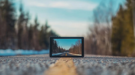 A smartphone lies on an empty road, displaying a mesmerizing winter landscape. This image captures the serene beauty of nature, merging technology with scenic outdoor views.の素材