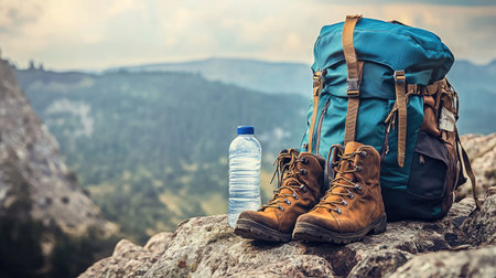 A close-up view of sturdy hiking boots and a water bottle next to a backpack, showcasing essentials for outdoor adventures in a peaceful and scenic environment.の素材