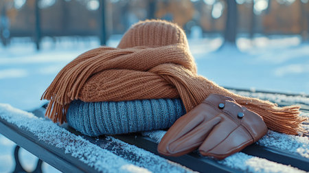 A beautifully arranged set of winter accessories, including a knitted scarf, cozy hat, and leather gloves, placed on a snowy bench, perfect for capturing the essence of the winter season.の素材