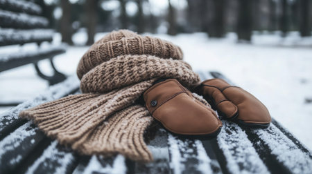 A serene view of winter accessories, including leather mittens and a knitted scarf, placed on a snowy bench, encapsulating the essence of a chilly outdoor day.の素材