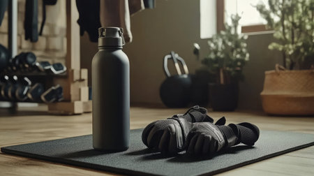 A modern home gym scene featuring a water bottle, workout gloves, and an exercise mat. The arrangement promotes fitness and motivation for a healthy lifestyle.の素材