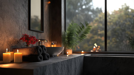 A calming bathroom interior featuring candles, rolled towels, and plants, creating a tranquil retreat with a large window offering a picturesque outdoor view.の素材