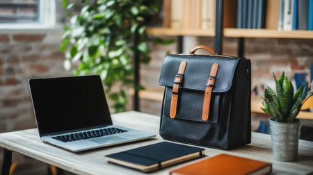 This image showcases a modern workspace with a laptop, leather backpack, and notebooks, all complemented by indoor plants, creating an inviting atmosphere for productivity and creativity.の素材