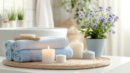 A tranquil bathroom setup featuring soft blue towels, glowing candles, and fresh flowers, creating a serene atmosphere ideal for relaxation and self-care at home.の素材