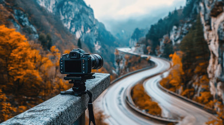 A captivating scene featuring a camera positioned on a railing, aimed at a winding road that cuts through a stunning landscape rich with autumn colors and majestic mountains.の素材