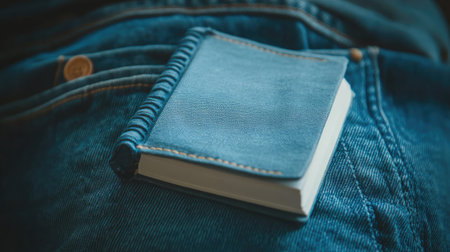 A close-up view of a sophisticated leather notebook placed on denim jeans, showcasing a blend of casual style and functional design for jotting down thoughts or ideas.の素材