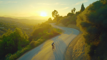 Experience the serene beauty of a sunset bicycle ride along a winding road, with golden light casting a warm glow over the lush landscape and hills, ideal for outdoor enthusiasts.の素材