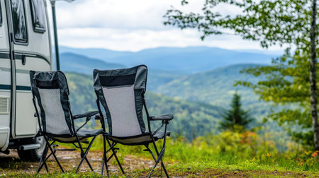 Enjoy a tranquil moment in nature with comfortable camp chairs set against a stunning mountain backdrop and an RV, perfect for outdoor relaxation and adventure.の素材