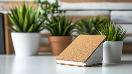 This image showcases a cork notebook set against a backdrop of vibrant green plants, creating a serene and modern workspace that inspires creativity and organization.の素材