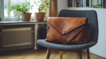 A beautifully crafted brown leather bag sits elegantly on a modern chair, surrounded by greenery, showcasing a perfect blend of style and functionality in a serene indoor setting.の素材
