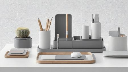 A modern minimalist office desk setup featuring organizers, stationery tools, and a succulent plant, showcasing an inspiring clean workspace for enhanced productivity and creativity.の素材