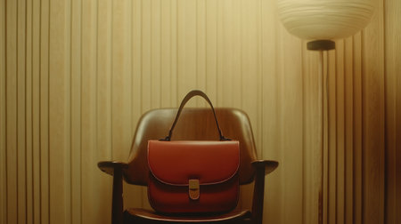 A sophisticated leather handbag sits gracefully on a vintage chair, creating a warm, inviting atmosphere with soft ambient light in a stylish interior setting.の素材