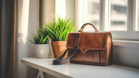 This image showcases a stylish brown leather bag placed on a minimalist table by a window. The natural light and green plants create a calming atmosphere, ideal for a chic workspace.の素材