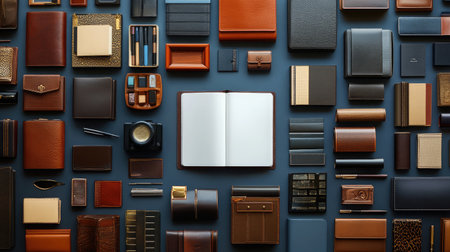 An overhead view showcases a variety of leather goods, including elegant notebooks and pens arranged neatly on a dark surface, ideal for inspiration and creative workspace.の素材