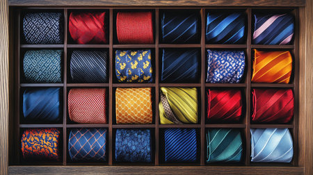 This image features a stunning collection of colorful ties arranged in a neat wooden box, highlighting various patterns and textures that elevate any formal outfit.の素材