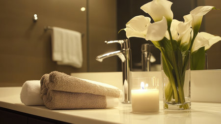 A chic bathroom scene featuring soft towels, a sleek faucet, and a lovely arrangement of white flowers, creating an inviting and calming atmosphere perfect for relaxation.の素材
