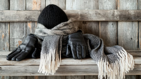 A charming display of winter accessories on a wooden shelf, showcasing a black knit hat, gray scarf, and black gloves, ideal for embracing the cold season in style.の素材
