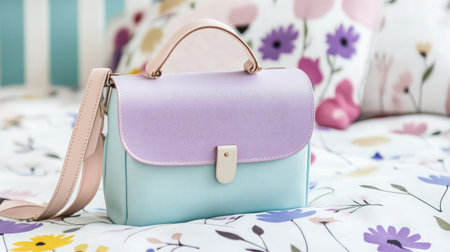 A charming pastel handbag placed elegantly on a floral bedspread, showcasing a modern design. Ideal for fashion lovers, this image captures a cozy and trendy atmosphere.の素材