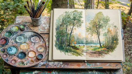 A beautiful watercolor painting of a serene nature scene is open beside an artist's palette and brushes, surrounded by lush greenery, capturing the essence of creativity and tranquility in the outdoors.の素材