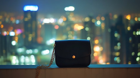 A fashionable handbag elegantly placed on a rooftop edge, surrounded by vibrant city lights at night, showcasing a perfect blend of style and urban allure.の素材