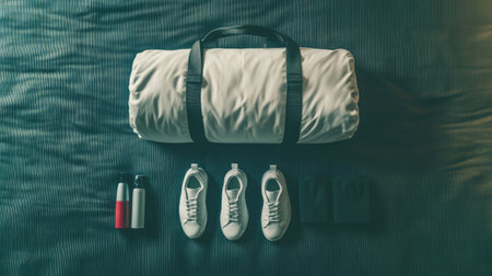 An organized display of gym essentials featuring a duffel bag, fresh sneakers, water bottles, and towels, perfect for promoting an active lifestyle and fitness motivation.の素材