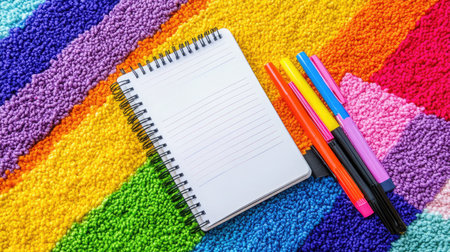 A vibrant scene featuring a blank notepad surrounded by colorful markers on a creative, textured rug. Perfect for artists, students, and creative thinkers.の素材