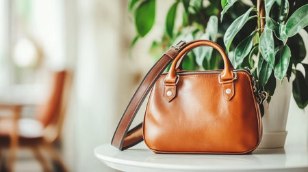 A stylish brown leather handbag resting on a white table beside a lush green plant, enhancing the aesthetic of a cozy living room filled with natural light.の素材