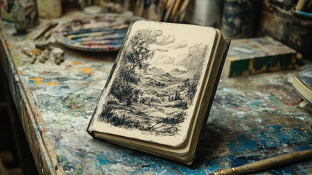 A sketchbook rests on a colorful art table filled with paint supplies, showcasing a beautiful landscape drawing that reflects nature and creative inspiration.の素材