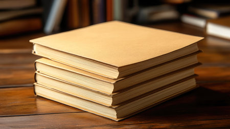 A visually appealing stack of vintage brown books placed on a wooden surface, illuminated by warm sunlight, evoking a sense of nostalgia and literary charm.の素材