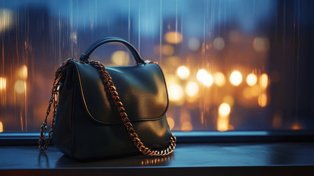 A stunning black handbag with a gold chain rests elegantly on a windowsill, set against a softly illuminated city background, creating a warm and inviting atmosphere.の素材