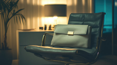 A chic leather handbag rests gracefully on a modern armchair in an upscale office, illuminated by soft lighting that creates a serene and sophisticated ambiance.の素材