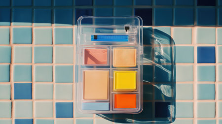 Discover a stunning color palette in a transparent organizer set against a beautiful blue mosaic background. Perfect for artistic inspirations, crafts, and creative projects.の素材