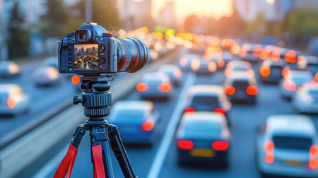A camera on a tripod captures a vibrant city traffic scene at sunset, blending motion and stillness. The city lights create an enchanting atmosphere for photography enthusiasts.の素材