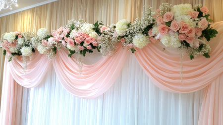 Stunning floral arrangement featuring soft pink roses and white hydrangeas draped beautifully against elegant fabric, perfect for weddings and special events.の素材