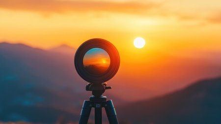 A mesmerizing sunset captured through a camera lens on a tripod, showcasing the stunning mountain landscape bathed in warm hues of dusk and soft, glowing light.の素材
