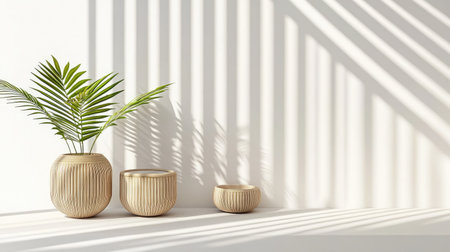 Experience serenity with this elegant minimalist decor featuring natural vases and lush greenery, beautifully illuminated by soft shadows and warm sunlight.の素材