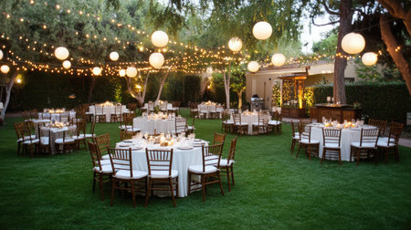 Beautiful outdoor garden venue featuring round tables and string lights, perfect for elegant events and gatherings in a tranquil and inviting ambiance.の素材